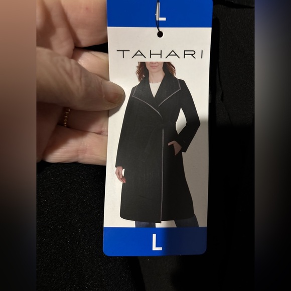 NWT Tahari Black Belted Mid Length Coat Size Large - Picture 3 of 11